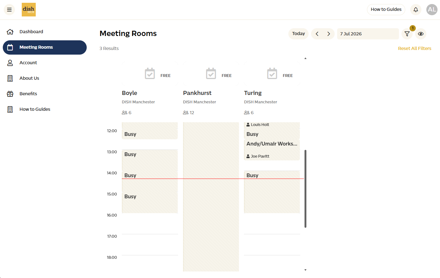 Meeting room availability view showing the Boyle, Pankhurst and Turing rooms