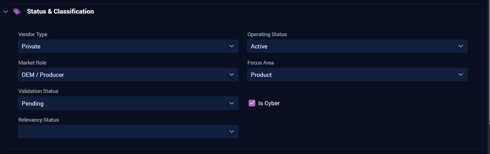 Status & Classification panel on the draft vendor review page